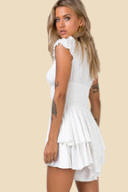 Scoop Neck Cap Sleeve Smocked Tiered Ruffle Mini Dress