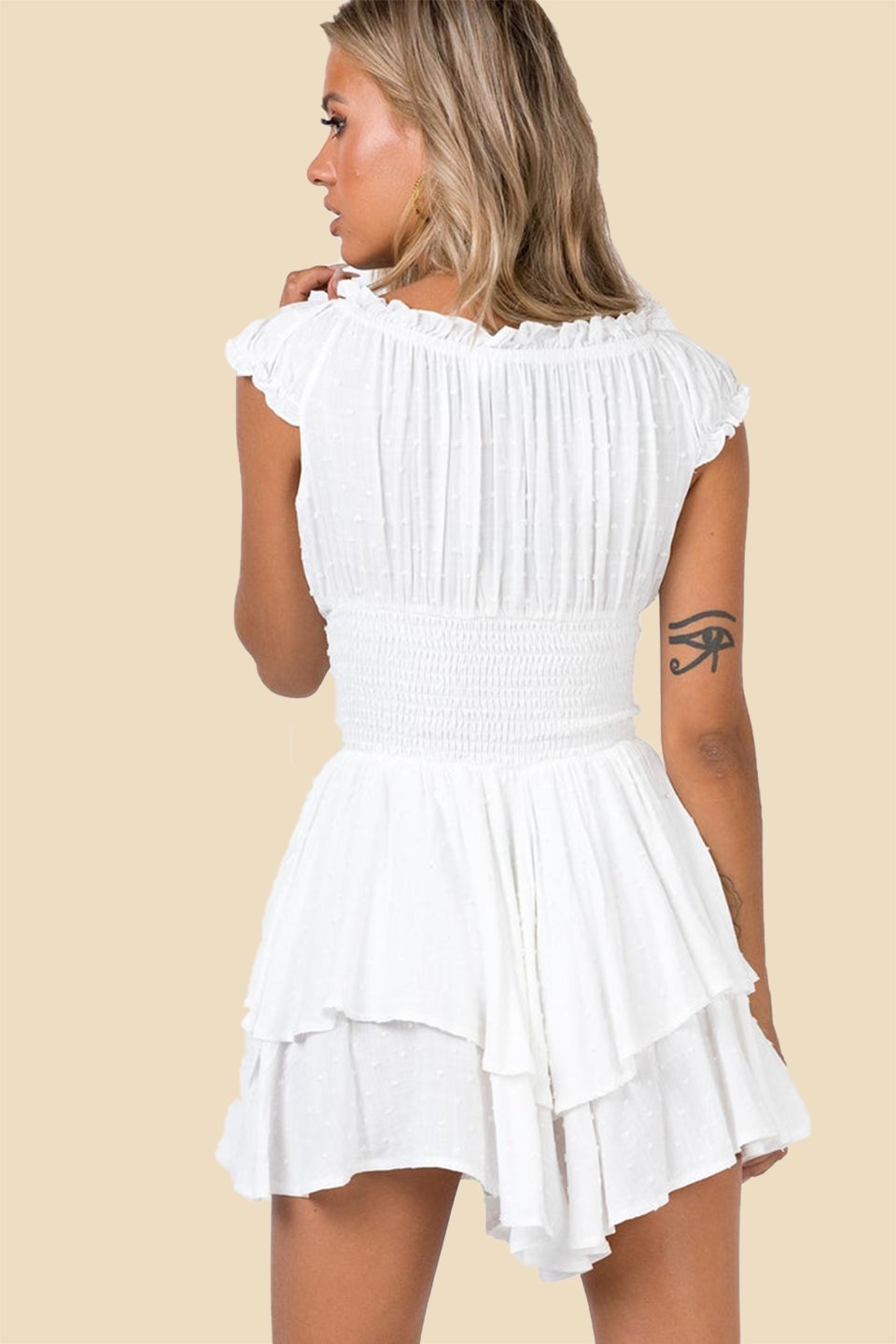 Scoop Neck Cap Sleeve Smocked Tiered Ruffle Mini Dress