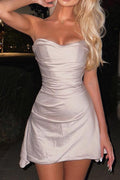 Strapless Cowl Neck All Over Ruched Satin Bodycon Mini Dress