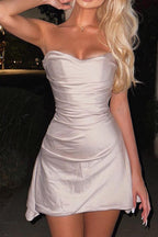 Strapless Cowl Neck All Over Ruched Satin Bodycon Mini Dress
