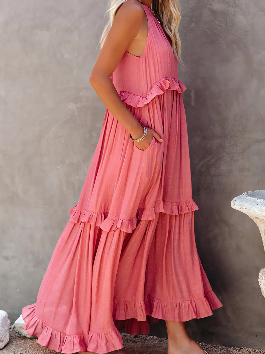High Neck Smocked Halter Sleeveless Tiered Ruffle Maxi Dress