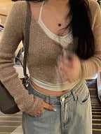 Contrast Color Halter Two Piece Long Sleeve Knit