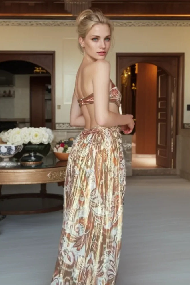 Strapless Sweetheart Waist Cut Out Paisley Metallic Maxi Dress