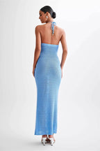 Crochet Halter Neck Keyhole 3D Floral Applique Bodycon Maxi Dress