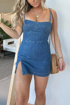 Denim Spaghetti Strap Corset Bodice High Split Bodycon Mini Dress