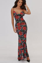 Red Spaghetti Strap Cowl Neck Floral Print Bodycon Maxi Dress