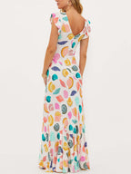Seashell Print Deep V-Neck Flutter Sleeve Mermaid Maxi Dress