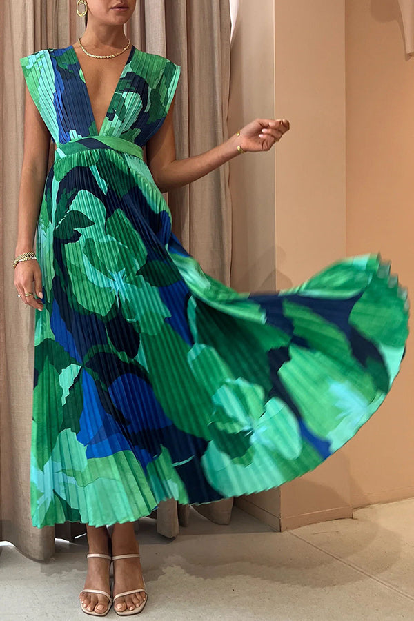 Pleated Deep V-Neck Sleeveless Abstract Floral Print Maxi Dress