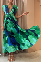Pleated Deep V-Neck Sleeveless Abstract Floral Print Maxi Dress