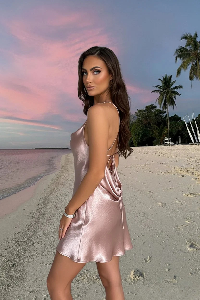 Satin Cowl Neck Spaghetti Strap Slip Mini Dress