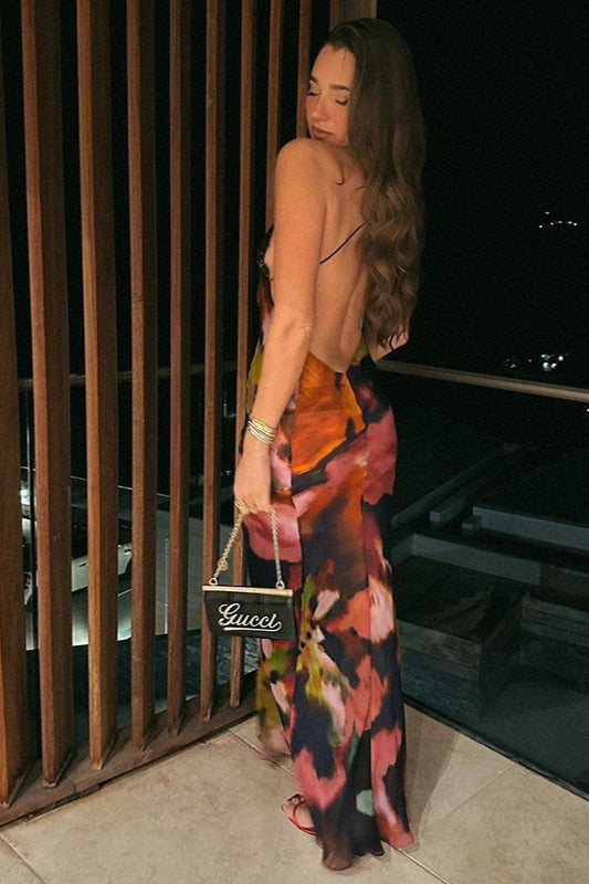 Floral Print Lace Trim Spaghetti Strap Deep V-Neck Bodycon Maxi Dress
