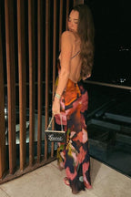 Floral Print Lace Trim Spaghetti Strap Deep V-Neck Bodycon Maxi Dress