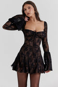 Lace Floral Square Neck Corset Bell Sleeve Ruffle Mini Dress