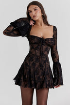 Lace Floral Square Neck Corset Bell Sleeve Ruffle Mini Dress