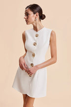 Scalloped Wave Button Front Sleeveless Round Neck A-Line Mini Dress