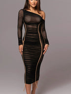 One Shoulder Ruched Mesh Contrast Piping Maxi Dress