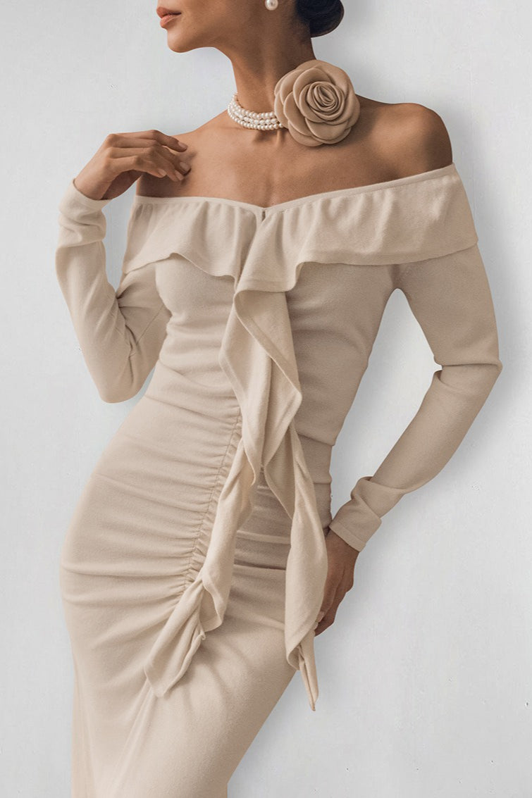 Off Shoulder Sweetheart Ruffle Flounce Long Sleeve Ruched Front Slit Midi Dress