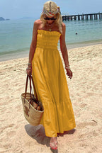 Strapless Smocked Ruffle Trim Tiered Maxi Dress