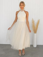 Tulle Midi Dress Halter Pleated Empire Waist Open Back Elegant Prom Dresses