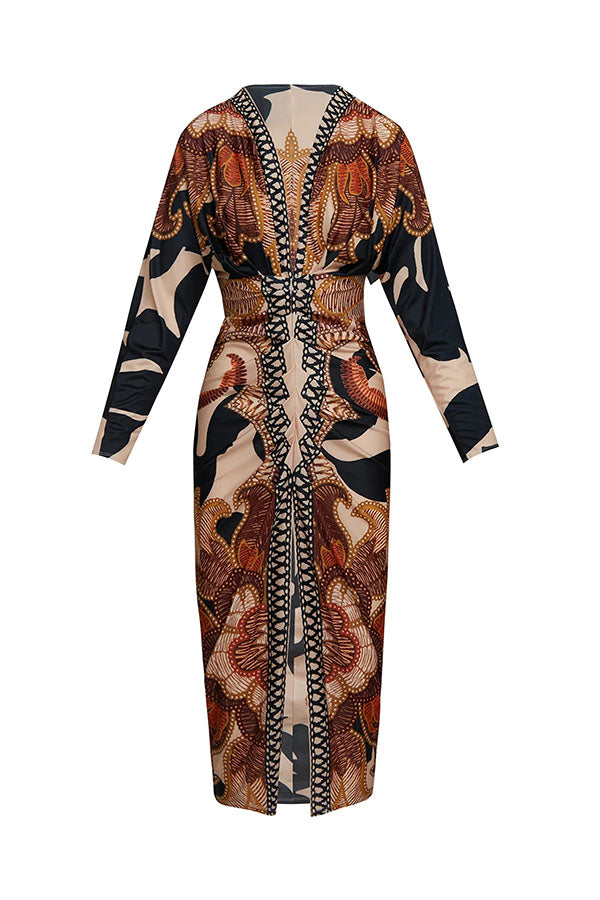 Brazilian Style Unique Print Dolman Long Sleeve Ruched Slit Midi Dress  Vestidos