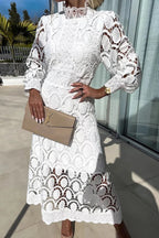 Francisca Premium Romantic, Sensual and Party Midi Dress with Crochet Lace and Lantern Sleeves Chic Silhouette Collection