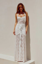 Lace Sweetheart Ruched High Slit Ruffle Trim Maxi Dress