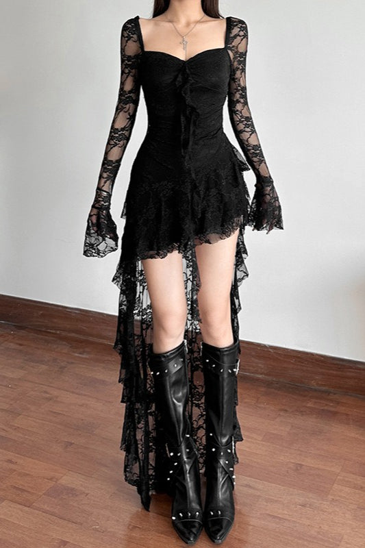 Lace Long Sleeve Lace Up Corset Sweetheart High Low Train Mini Dress