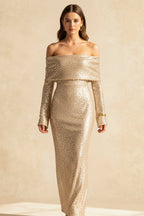 Sequin Off Shoulder Long Sleeve Bodycon Maxi Dress