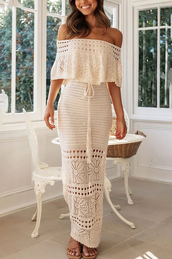 Crochet Off Shoulder Ruffle Overlay Drawstring Tassel Maxi Dress