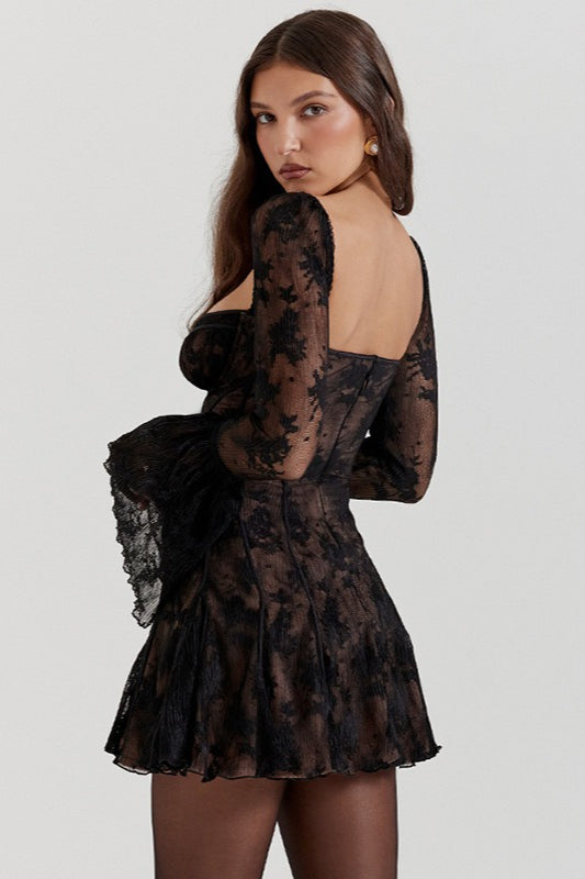 Lace Floral Square Neck Corset Bell Sleeve Ruffle Mini Dress