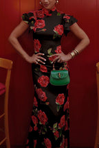 Elegant party cheongsam style rose print layered flared sleeve elastic long skirt