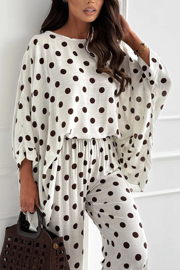 Verne Linen Blend Polka Dot Batwing Sleeve Top and Elastic Waist Pocket Loose Pants Set