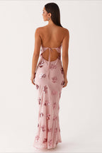 Pink Strapless Sequin Floral Embroidery Column Maxi Dress