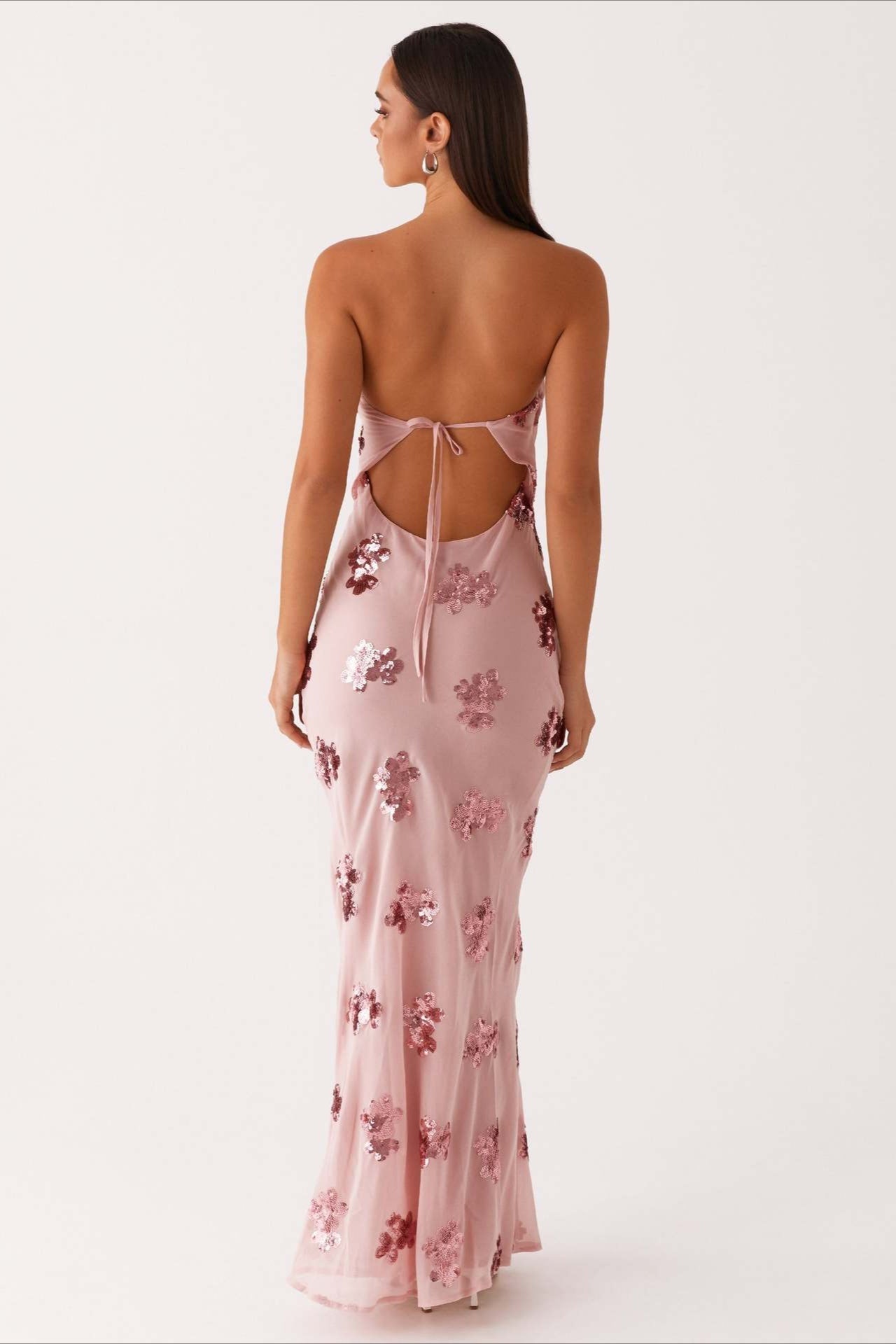 Pink Strapless Sequin Floral Embroidery Column Maxi Dress