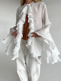 Round Neck Trumpet Sleeve Ruffled Chiffon Shirt