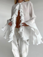 Round Neck Trumpet Sleeve Ruffled Chiffon Shirt