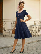 Retro Contrast Lapel Button Up Fit And Flare Midi Dress For Women 2026