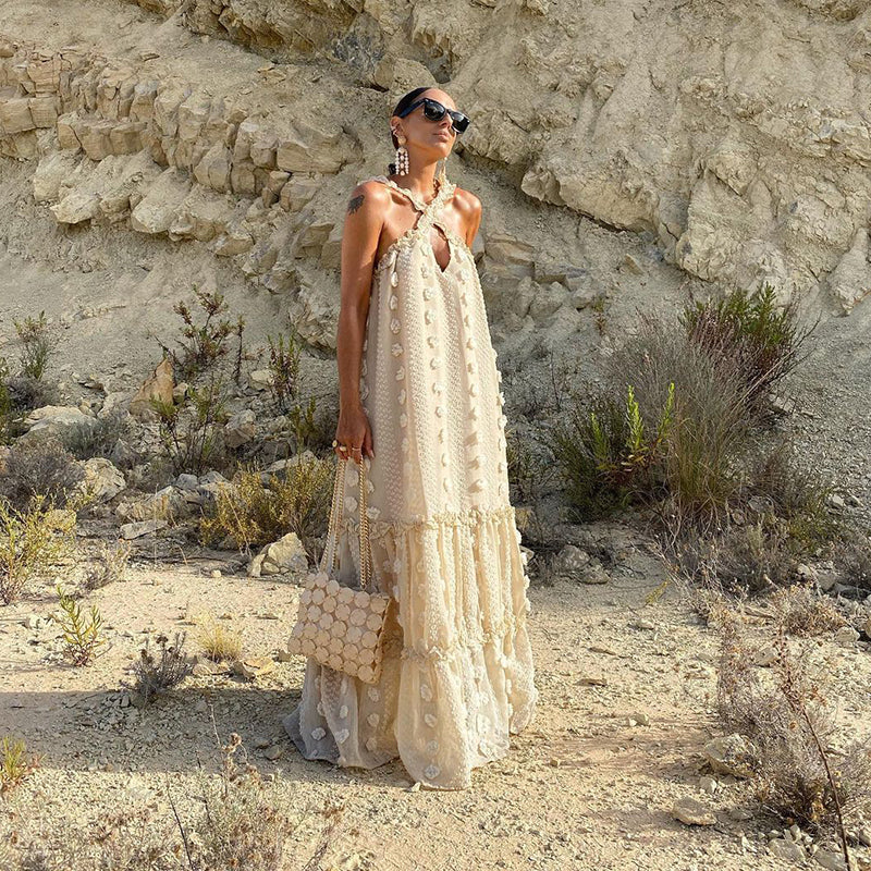 3D Floral Applique Crisscross Halter Tiered Maxi Dress