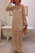 Summer Fashion Floral Crochet Cutout Fabric Long Sleeve Slit Vacation Midi Dress