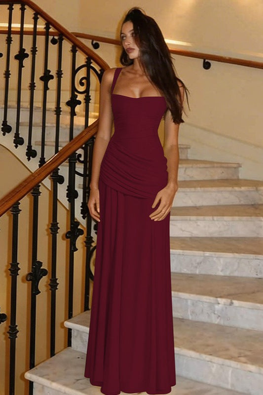 Scoop Neck Wide Strap Ruched Draped Waist Maxi Dress