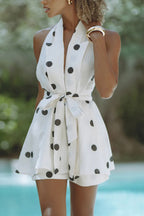 Gabby Linen Blend Polka Dot Tie-up Lapel Halter Vest and Metal Ring Belt Loose Shorts Set