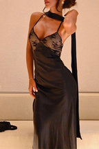Lace Trim Deep V-Neck Spaghetti Strap Satin Neck Scarf Slip Maxi Dress