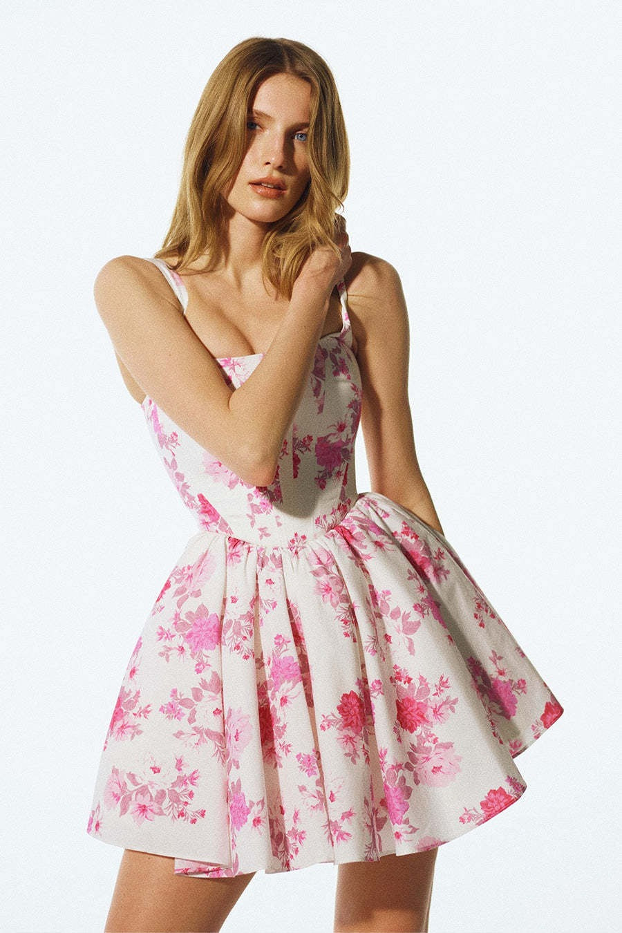 Square Neck Corset Bodice Floral Print Pleated Mini Dress