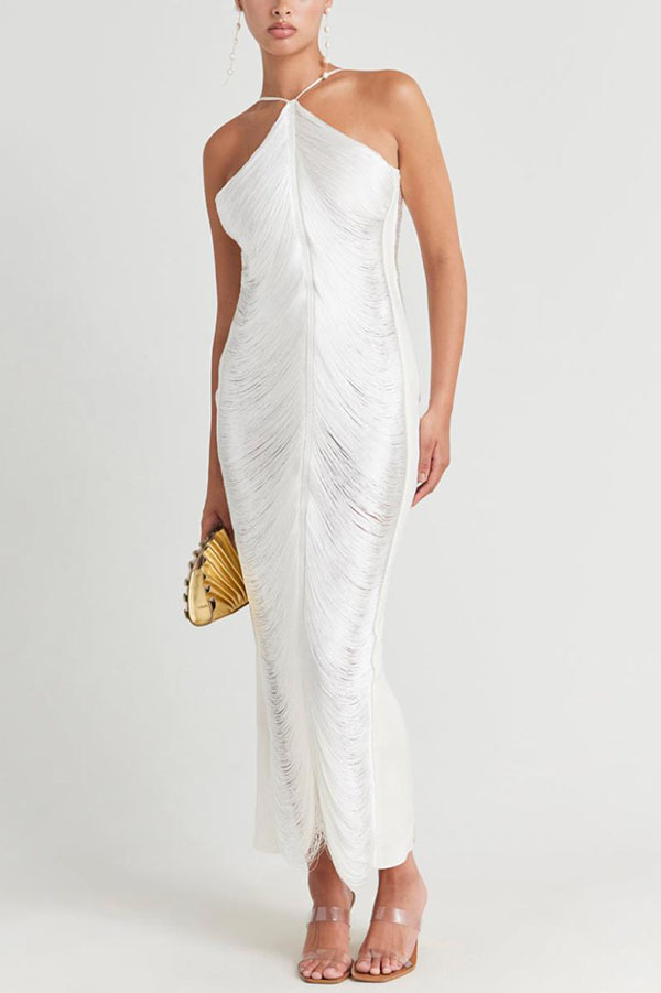 Metallic Pleated Fringe Halter Neck Backless Slit Maxi Gown