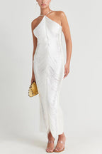 Metallic Pleated Fringe Halter Neck Backless Slit Maxi Gown
