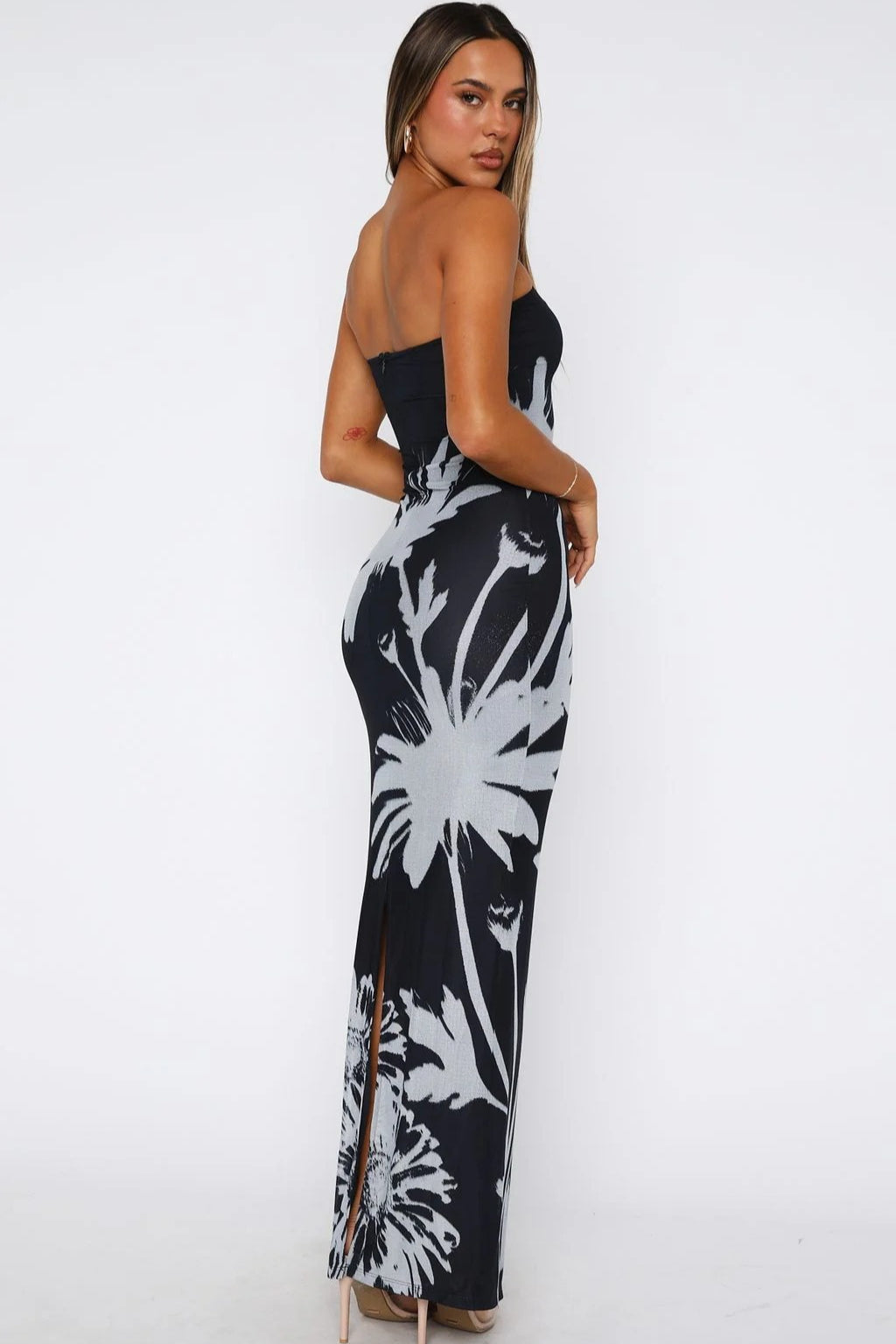 Black Strapless Bodycon Abstract Floral Placement Print Maxi Dress