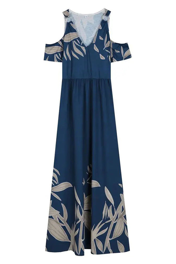 Botanical Print Cold Shoulder V-Neck Pocket Tiered Maxi Dress