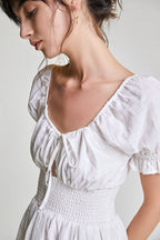 Tie Front Puff Sleeve Smocked Waist Ruffle Hem Babydoll Mini Dress