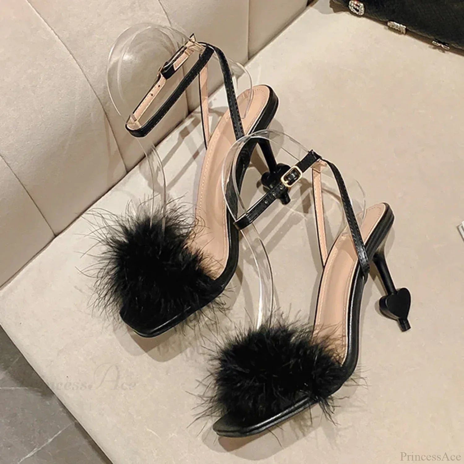 Big-Size 42 Sexy Ankle-Strap Strange High-Heels Fluffy-Feather Sandals Gladiator Square-Toe Party Dress High Heel