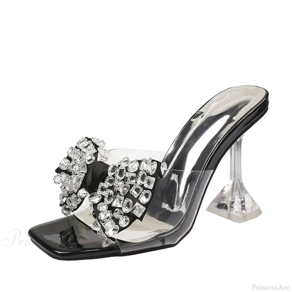 Big Size Clear Modern Slippers Sexy Crystal Bowknot Square Toe Transparent Sandals High Heel